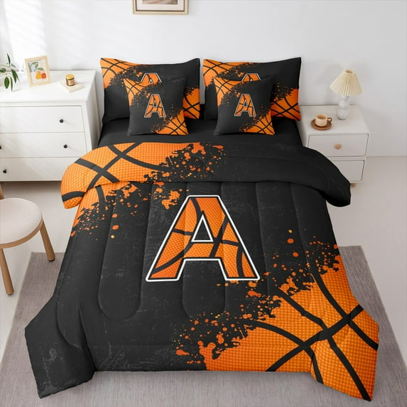 Manfei Monogrammed A Twin Bedding Sets 7-Piece,Boys Basketball Game Bedding Comforter Set,Balck Orange Sheet Sets For Teens,Microfiber Room Decorative,Reversible