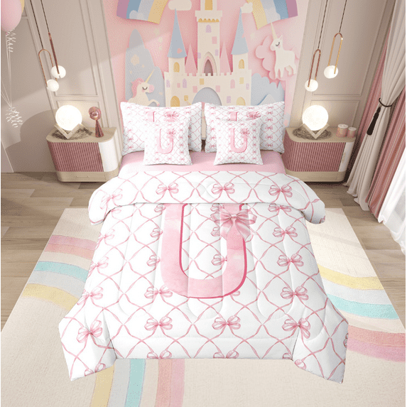 Manfei Monogrammed U Bedding Queen Size,Ribbon Bowknot Comforter Sets with Sheets,Pink White Bedding Sets Queen Size,Microfiber Room Decorative Reversible,7pcs