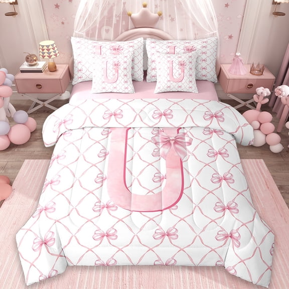 Manfei Monogrammed U Bedding Sets Twin Size,Ribbon Bowknot Comforter Sets with Sheets,Pink White Bed in a Bag Twin Size,Microfiber Room Decorative Reversible,7-Piece