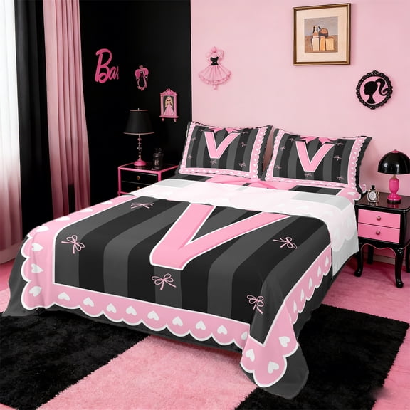 Manfei Monogrammed V Sheet Set Twin,Ribbon Bowknot Bedding Sets Twin Size,Pink Black Twin Sheet Sets,Microfiber Room Decorative,3pcs
