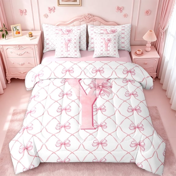 Manfei Monogrammed Y Bed in a Bag Twin Size,Ribbon Bowknot Bed Set,Pink White Bedding Twin Size,Microfiber Room Decorative Reversible,7 Pieces