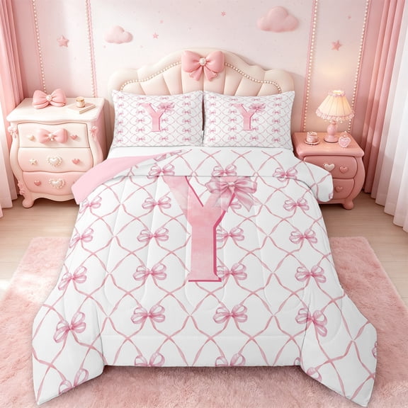 Manfei Monogrammed Y Bedding Twin Comforter Set,Ribbon Bowknot Down Comforter,Pink White Bedding Sets Twin with Comforter,Microfiber Room Decorative Reversible,2 Pieces