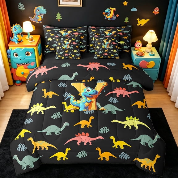 Manfei Monogrammed Y Twin Bedding Sets 7pcs,Zoo Animal Dinosaur Bedding Comforter Set 7pcs,Black Yellow Sheet Sets,Microfiber Room Decorative Reversible