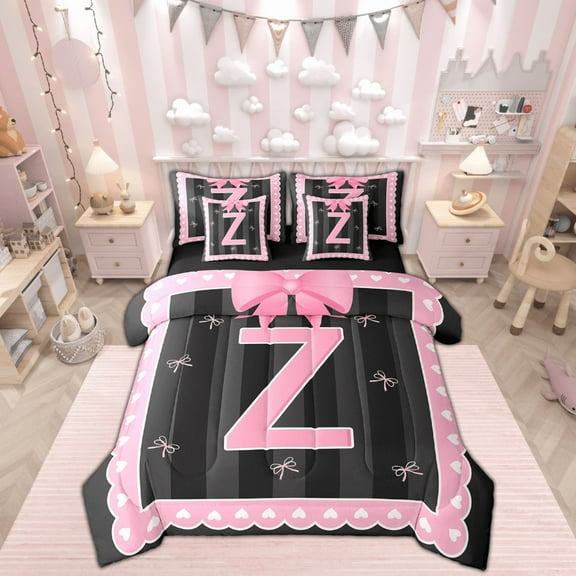 Manfei Monogrammed Z Bed in a Bag Twin Size,Ribbon Bowknot Bed Set,Pink Black Bedding Twin Size,Microfiber Room Decorative Reversible,7 Pieces