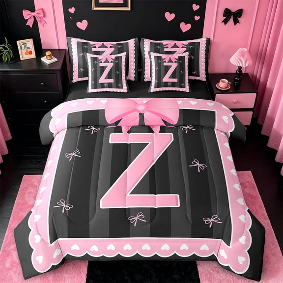 Manfei Monogrammed Z Bedding Sets Queen Size,Ribbon Bowknot Comforter Sets with Sheets,Pink Black Bed in a Bag Queen Size,Microfiber Room Decorative Reversible,7-Piece