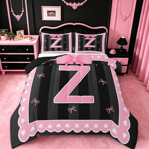 Manfei Monogrammed Z Bedding Twin Comforter Set,Ribbon Bowknot Down Comforter,Pink Black Bedding Sets Twin with Comforter,Microfiber Room Decorative Reversible,2 Pieces