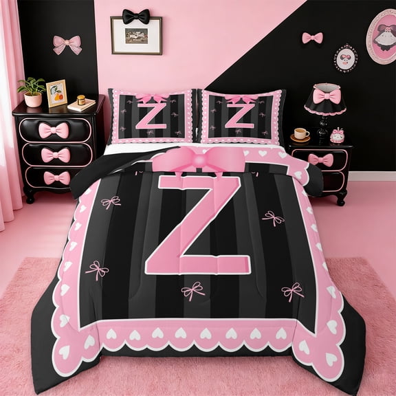 Manfei Monogrammed Z Comforter Sets Queen Size,Ribbon Bowknot Comforters & Duvets,Pink Black Bedding Queen Comforter Set,Microfiber Room Decorative Reversible,3-Piece