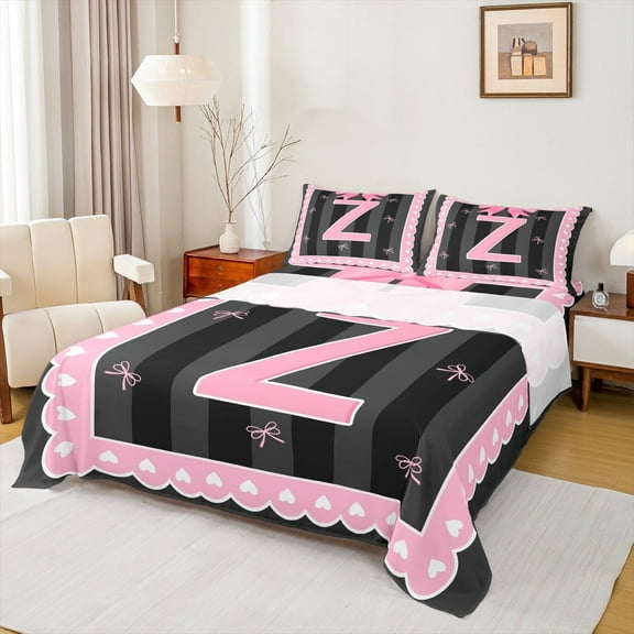 Manfei Monogrammed Z Sheet Set Twin,Ribbon Bowknot Bedding Sets Twin Size,Pink Black Twin Sheet Sets,Microfiber Room Decorative,3 Pieces