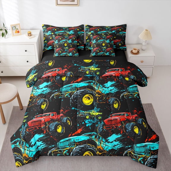 Manfei Monster Truck 7-Piece Twin Bedding,Boys Friendly Pattern Bedding Comforter Set,Black,Black Reversible