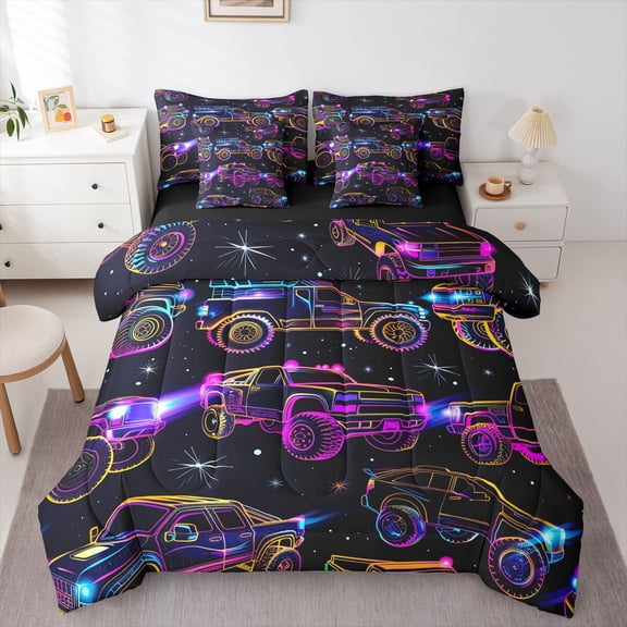 Manfei Monster Truck 7-Piece Twin Bedding,Cartoon Theme Pattern Bedding Comforter Set,Black,Black Reversible