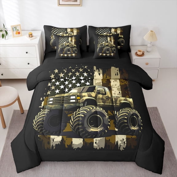 Manfei Monster Truck 7-Piece Twin Bedding,Vintage American Flag Bedding Comforter Set,Black,Black Reversible