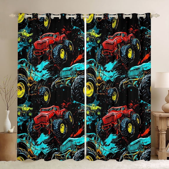 Manfei Monster Truck Blackout Curtains Set of 2 (52x84 Each),Boys Friendly Pattern Curtain,Black