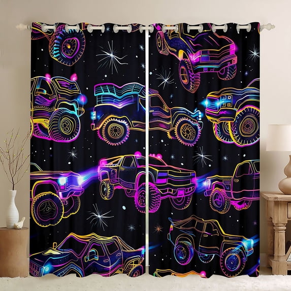 Manfei Monster Truck Blackout Curtains Set of 2 (52x84 Each),Cartoon Theme Pattern Curtain,Black