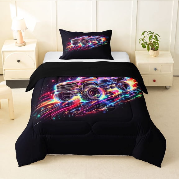 Manfei Monster Truck Twin Comforter Sets,Neon Lights Print Bedding Set,Black,Black Reversible,2-Piece,1 Comforter and 1 Pillowcase