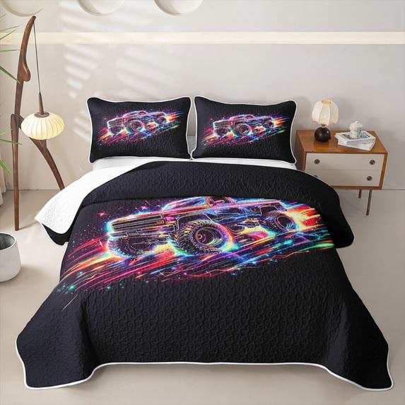 Manfei Monster Truck Twin Quilt Set,Neon Lights Print Twin Coverlet Set,Black,2pcs