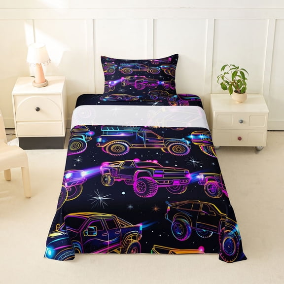 Manfei Monster Truck Twin Sheets,Cartoon Theme Pattern Bedding,Black,3pcs,1 Fitted Sheet and 1 Pillowcase