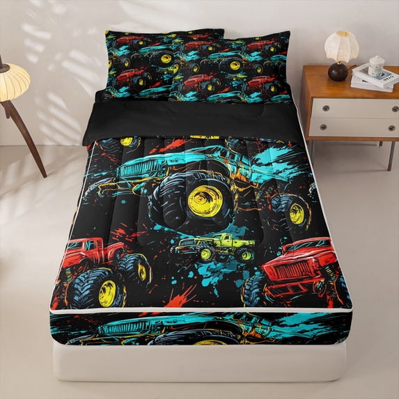 Manfei Monster Truck Zipper Full Size Comforter Sets with Fitted Sheet and 2 Pillowcases,Boys Friendly Pattern Zipper Bedding Set,Black,Black Reversible,4pcs