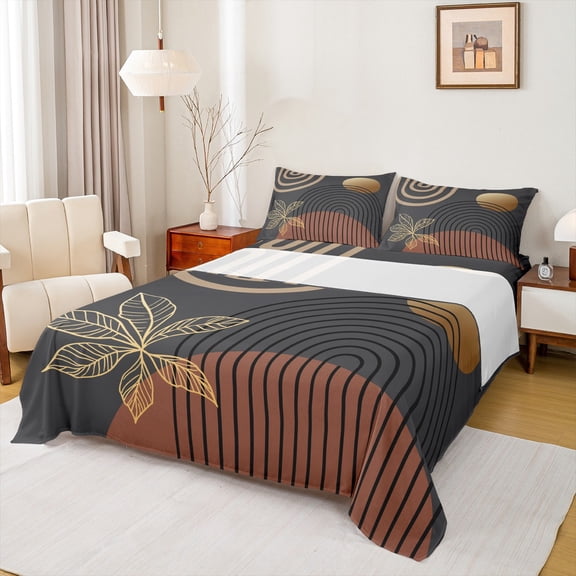 Manfei Monstera Bed Sheets,Geometric Lines Stripes King Sheets,Black Brown Yellow Sheet Set For Teens,Breathable Home Decor,4 Pieces