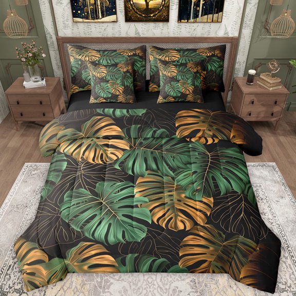 Manfei Monstera Leaf 7-Piece Twin Bedding Sets,Tropical Botanical Bedding Comforter Set,Green Gold Black Sheet Sets For Girl Boys,Ultra Soft Home Decor Reversible