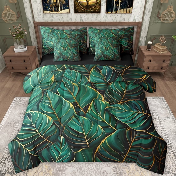 Manfei Monstera Leaf 7pcs Bedding Comforter Set,Tropical Botanical Queen Bedding Sets,Green Gold Queen Sheet Sets For Girl Boys,Ultra Soft Home Decor Reversible