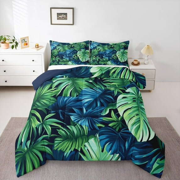 Manfei Monstera Leaf King Size Comforter Sets,Tropical Botanical Plant Bedding Comforter Set,Green Blue Leaves Bedding Set For Kids,Luxury Bedroom Decor Reversible,3pcs