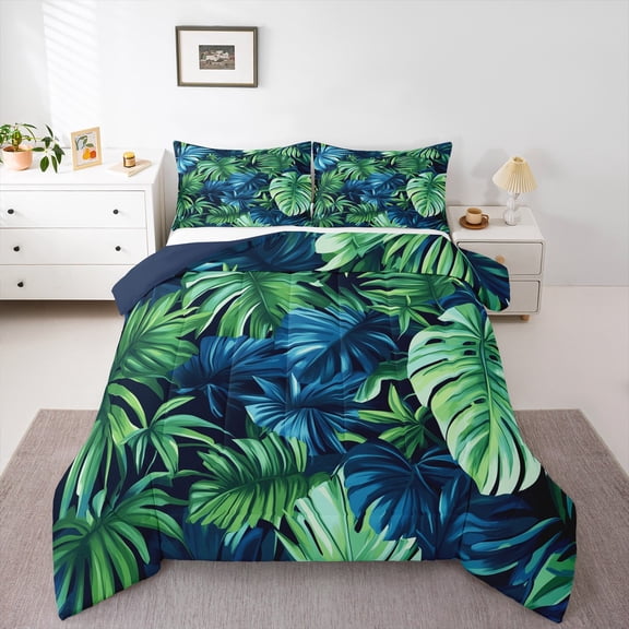 Manfei Monstera Leaf Queen Comforter Set,Tropical Botanical Plant Bedding Sets,Green Blue Leaves Bedding Comforter Set For Kids,Luxury Bedroom Decor Reversible,3 Pieces