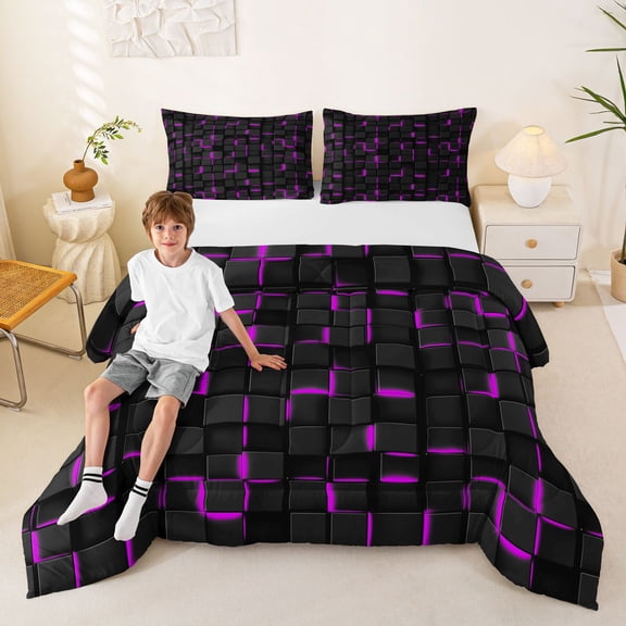 Manfei Moody 3D Square Queen Comforter Set, Neon Glow Comforter Sets Queen, Black Purple, Black Reversible 3-Piece, 1 Comforter and 2 Pillowcases