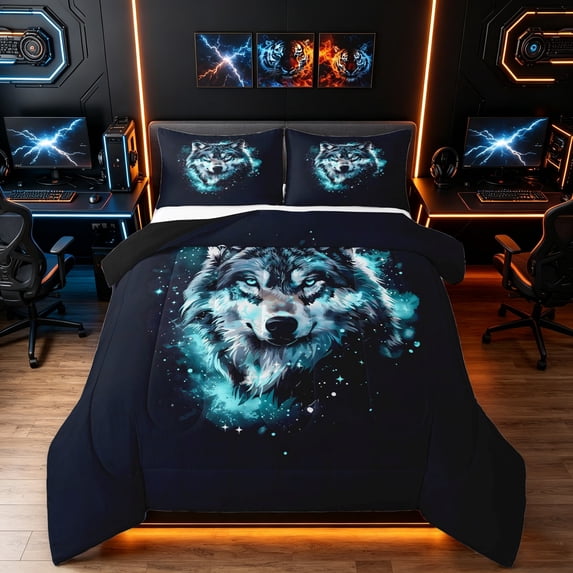 Manfei Moon Animal Queen Comforter Set, Galaxy Stars Wolf Comforter Sets Queen, Navy, Black Reversible, 3 Pieces, 1 Comforter and 2 Pillowcases