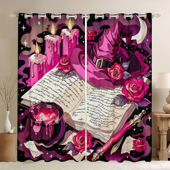 Manfei Moon Halloween Blackout Curtains Set of 2 (52x84 Each),Pink Witch Print Curtain