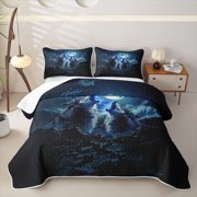 Manfei Moon Mountain Twin Quilt Set,Natural Wolf Twin Coverlet Set,Blue,2-Piece
