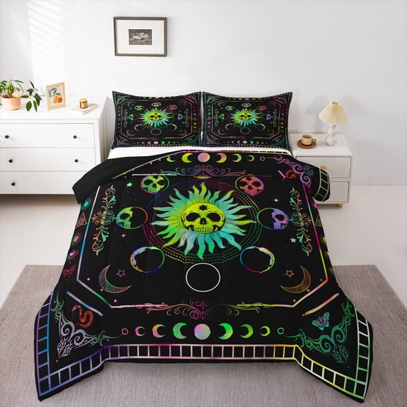 Manfei Moon Skeleton Skull Queen Comforter Set, Damask Flower Print Bedding Comforter Set, Mystic Boho Moon Stars Galaxy Reversible Bedding Set, Breathable Home Decor, 3pcs