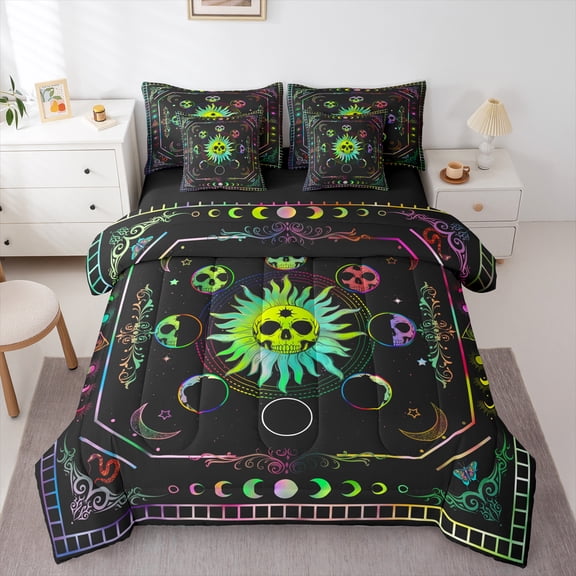 Manfei Moon Skeleton Skull Twin Bedding Sets 7-Piece, Damask Flower Print Bedding Comforter Set, Mystic Boho Moon Stars Galaxy Reversible Sheet Sets, Breathable Home Decor