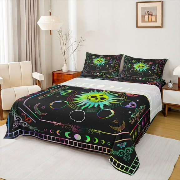 Manfei Moon Skeleton Skull Twin Sheet Sets, Damask Flower Print Twin Fitted Sheet, Mystic Boho Moon Stars Galaxy Flat Sheet, Breathable Home Decor, 3pcs