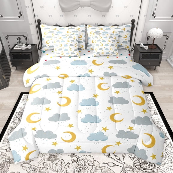Manfei Moon Stars 7-Piece Twin Bedding Sets for Preppy Children Kids,Kawaii Cute Bedding Comforter Set,Dreamy Princess Breathable Sheet Sets,Lightweight Room Decor,Reversible