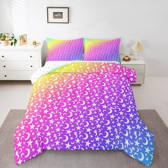 Manfei Moon Stars Print Queen Comforter Set, Kawaii Cute Cartoon Bedding Sets, Teen Boy Girl Kid Reversible Bedding Comforter Set, Ultra Soft Home Decor, 3pcs