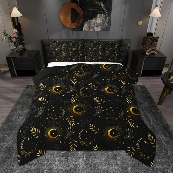 Manfei Moon Stars Queen Comforter Set, Black Gold Bedding Sets, Ramadan Bedding Comforter Set, Super Cozy Bedroom Decor Reversible 3pcs