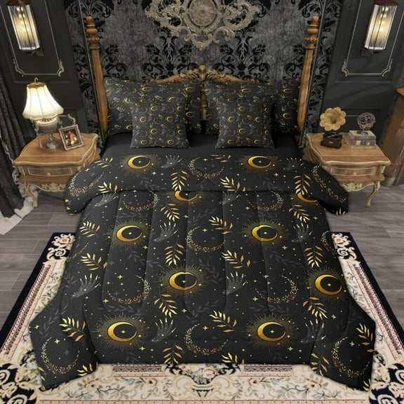Manfei Moon Stars Twin Bedding Sets 7-Piece, Black Gold Bedding Comforter Set, Ramadan Sheet Sets, Super Cozy Bedroom Decor