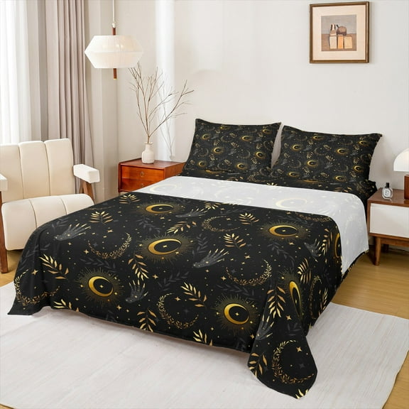Manfei Moon Stars Twin Sheet Sets 3pcs, Black Gold Twin Fitted Sheet, Ramadan Flat Sheet, Super Cozy Bedroom Decor