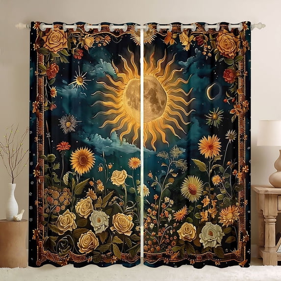 Manfei Moon Sun Curtains Pack of 2 (42x84 Each) for Teens Adults,Chic Floral Flowers Curtains Blackout,Bohemian Boho Bedroom Curtains,Super Cozy Room Decor