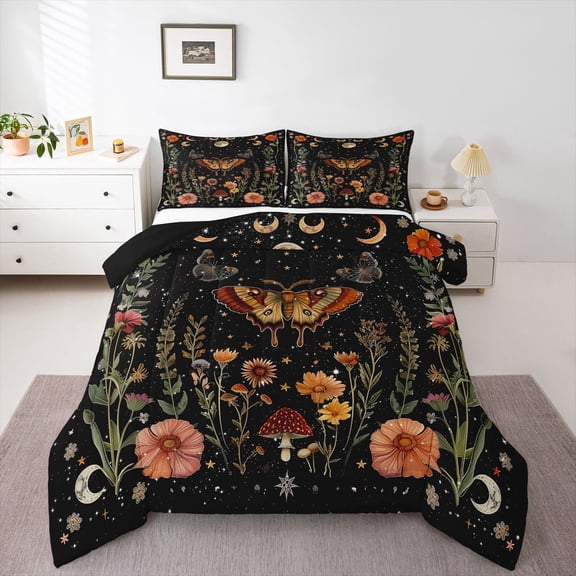 Manfei Moon Sun Stars 3 Pieces Queen Comforter Set for Teens Adults,Flowers Mushroom Moth Ultra Soft Bedding Sets,Bohemian Theme Bedding Comforter Set Breathable,Luxury Bedroom Decor,Reversible