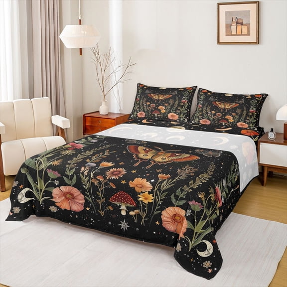 Manfei Moon Sun Stars 4pcs Bed Sheets for Teens Adults,Flowers Mushroom Moth King Sheets,Bohemian Theme Super Cozy Sheet Set,Luxury Bedroom Decor