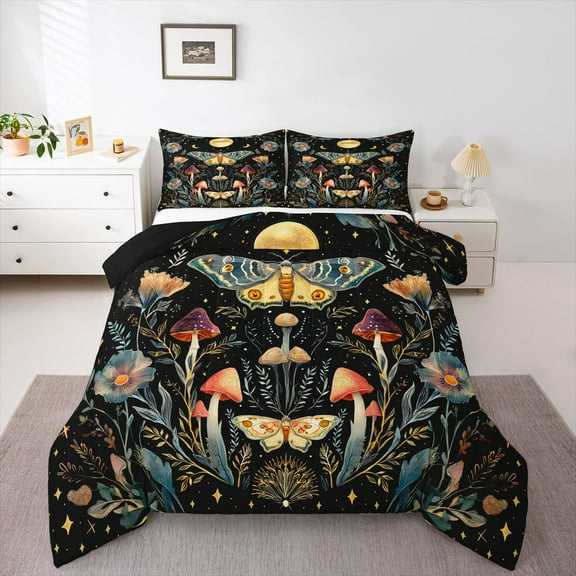 Manfei Moon Sun Stars Full Size Comforter Sets 3-Piece for Teens Adults,Flowers Mushroom Moth Bedding Comforter Set,Bohemian Theme Lightweight Bedding Sets,Luxury Bedroom Decor,Reversible