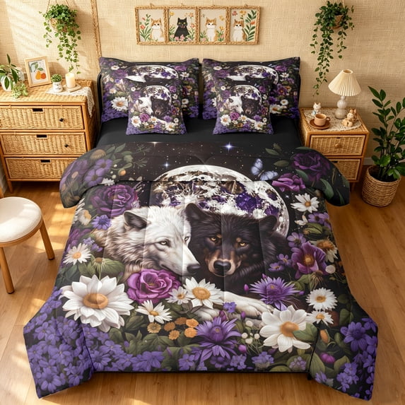 Manfei Moon Wolf Twin Bedding, Farmhouse Flower Floral Bedding Comforter Set, Brown Purple, Black Reversible, 7-Piece