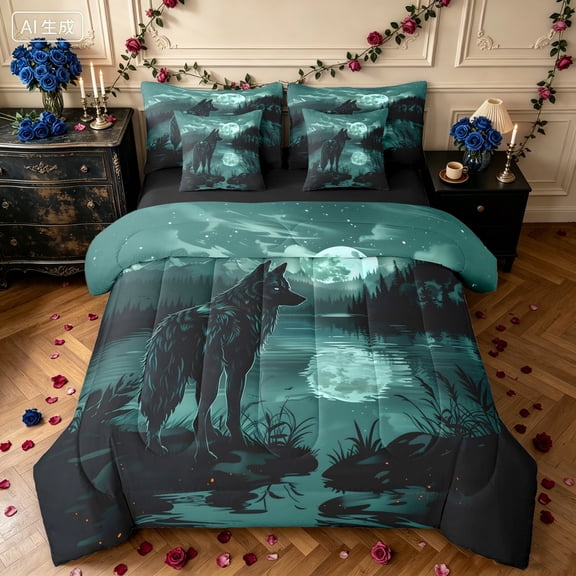 Manfei Moon Wolf Twin Bedding, Rustic Lake Moon Bedding Comforter Set, Teal Navy, Black Reversible, 7-Piece