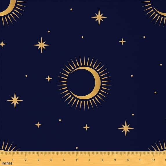 Manfei Moon and Stars Sewing & Crafting Fabric (5 Yards), Psychedelic Galaxy Home Decor Fabric by the Yard, Black and Gold DIY Fabric