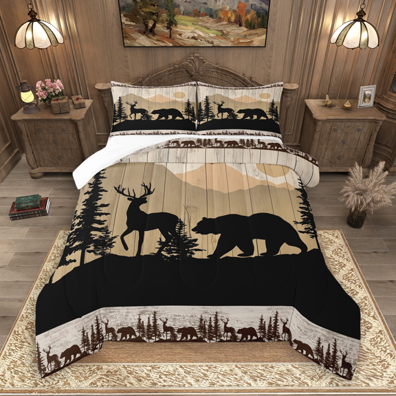 Manfei Moose Bear Silhouette Queen Comforter Set 3 Pieces, Minimalist Nature Bedding Sets, Jungle Wildlife Bedding Comforter Set, Super Cozy Room Decor