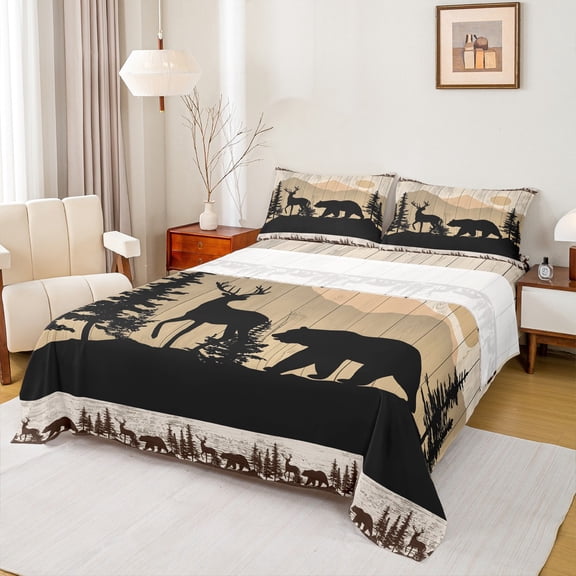 Manfei Moose Bear Silhouette Queen Sheet Sets 4 Pieces, Minimalist Nature Flat Sheet, Jungle Wildlife Queen Fitted Sheet, Super Cozy Room Decor