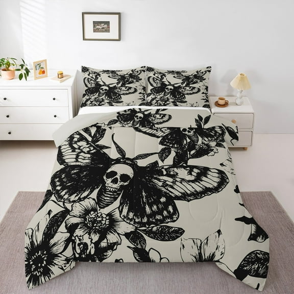 Manfei Moth Butterfly Bedding Comforter Set for Kid, Gothic Skull Skeleton Twin Comforter Sets, Vintage Flower Floral Reversible Bedding Set, Lightweight Room Decor, 2-Piece