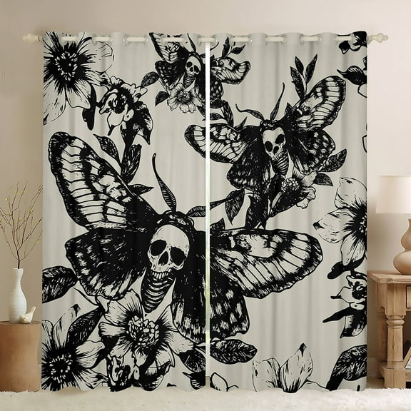 Manfei Moth Butterfly Black Out Curtains for Kid, Gothic Skull Skeleton Curtains Pack of 2 (42x63 Each), Vintage Flower Floral Bedroom Curtains, Curtains Blackout Room Decor