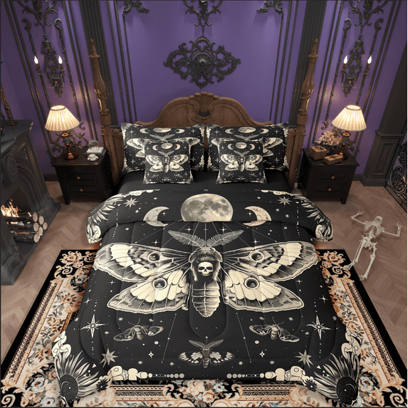 Manfei Moth Skull Bedding Queen Size,Bohemian Flower Comforter Sets with Sheets,Happy Halloween Bedding Sets Queen Size,Lightweight Exotic Bedroom Decorative,Reversible,7pcs